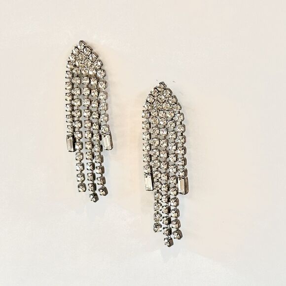 Waterfall Earrings Vintage Dangle Glass Art Deco Baguette Rhinestone Cascade - Picture 3 of 6